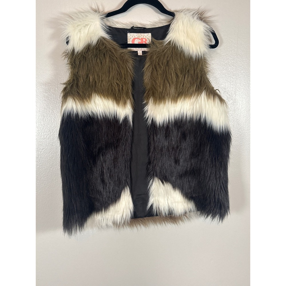 Gianni Bini GB Women's Faux Fur Colorblock Vest Olive Green Black Cream Shaggy M